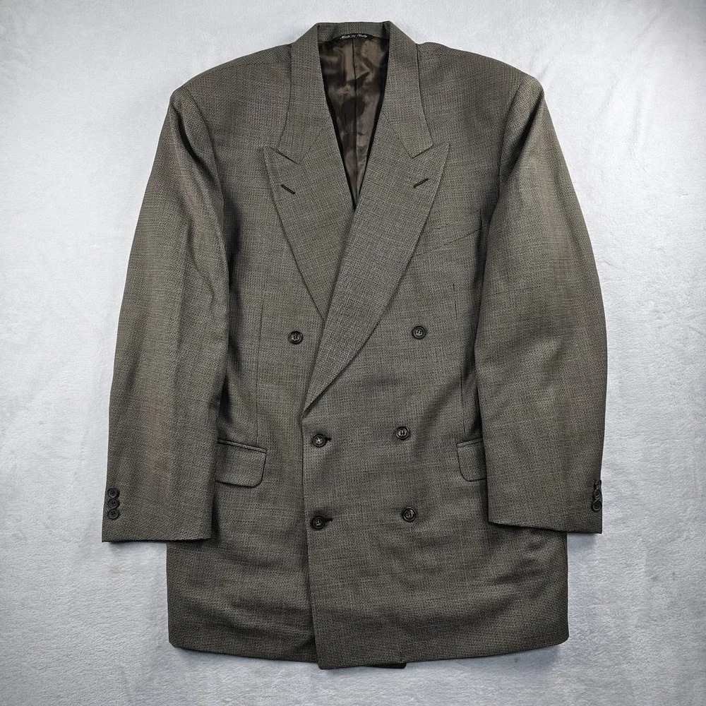 Canali Proposta Double Breasted Coat Mens 46L Jacket Houndstooth Navy Blue Brown